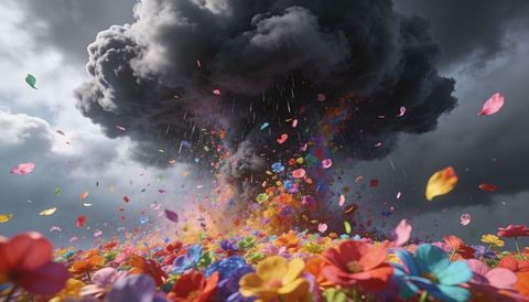 Swirling mushroom cloud showering rainbow petals and confetti across vibrant flower meadow