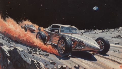 Futuristic Lunar Open-Wheel Racers Kicking Orange Dust Across Crater Plain Under Earth