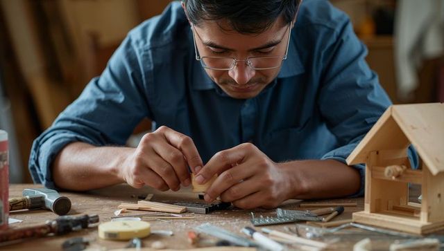 Hobby carpenter assembling miniature wooden house with precision and concentration