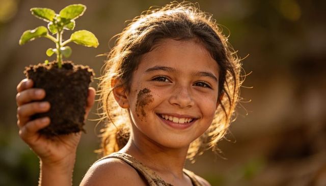 Smiling girl holding seedling with muddy cheek during golden hour gardening eco portrait