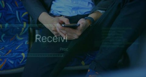 Business professional using smartphone on a bus with digital overlay