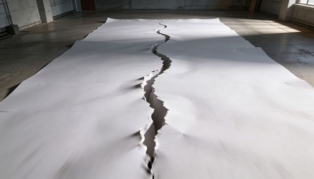 Torn paper rift stretching across sunlit industrial floor revealing deep central crevice