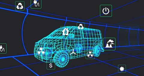 Futuristic wireframe van in digital grid tunnel with eco icons