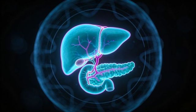 Glowing 3D liver gallbladder and pancreas showing biliary and pancreatic ducts