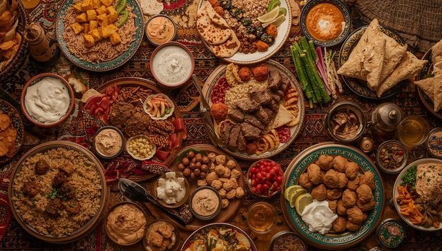 Abundant middle eastern feast on low table with mezze, falafel, rice, flatbreads, teapot