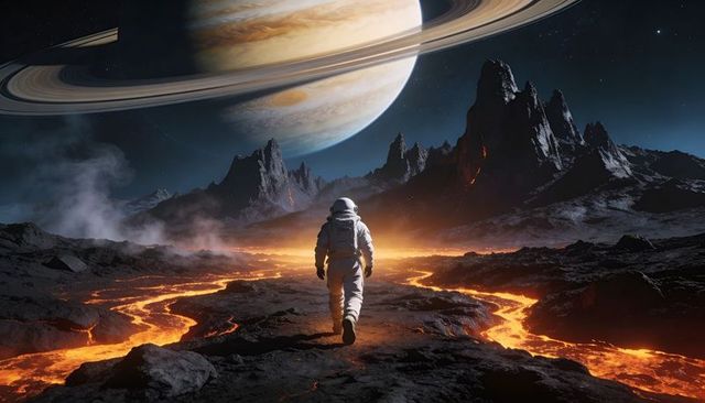 Astronaut walking across lava rivers toward ringed gas giant over volcanic alien landscape