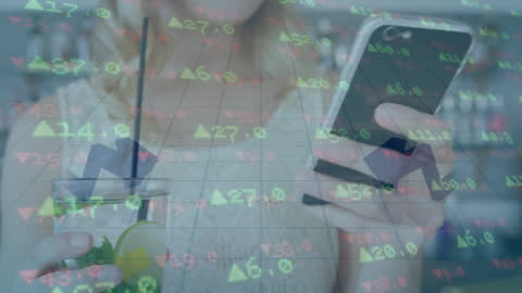 Woman Using Phone with Digital Marketing Icons Overlay