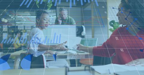 Diverse business team collaborating amidst global financial data