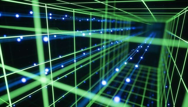 Receding neon green grid tunnel with streaming blue light particles and deep perspective
