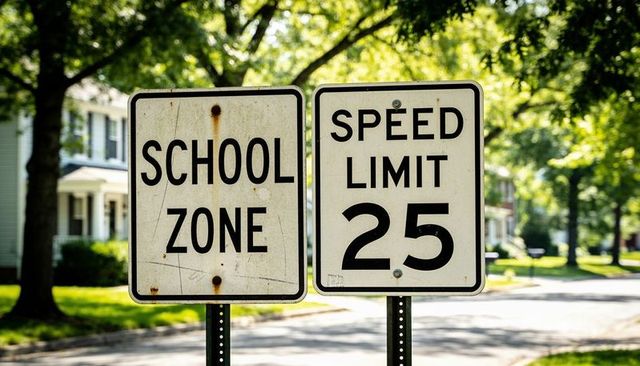 School zone and speed limit 25 signs on weathered posts in quiet tree-lined suburban street