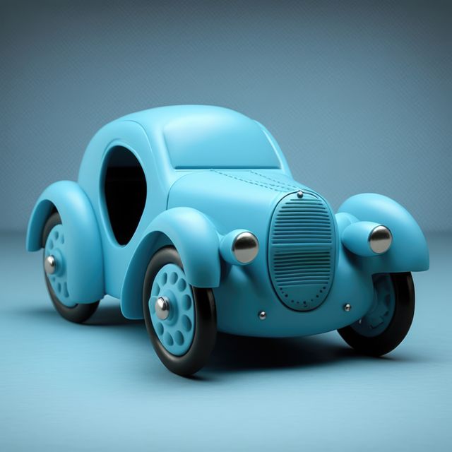 Close up of blue car toy on blue background, created using generative ai technology. Car, toy and colour concept digitally generated image.