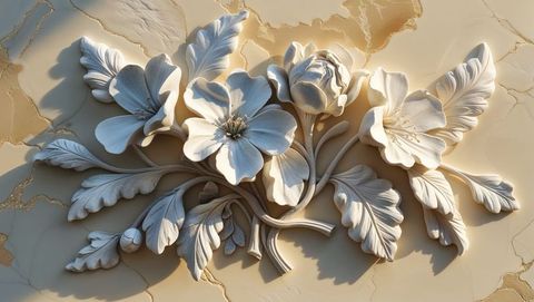 Ornate floral forget me not relief sculpture with gold inlays on baroque wall panel