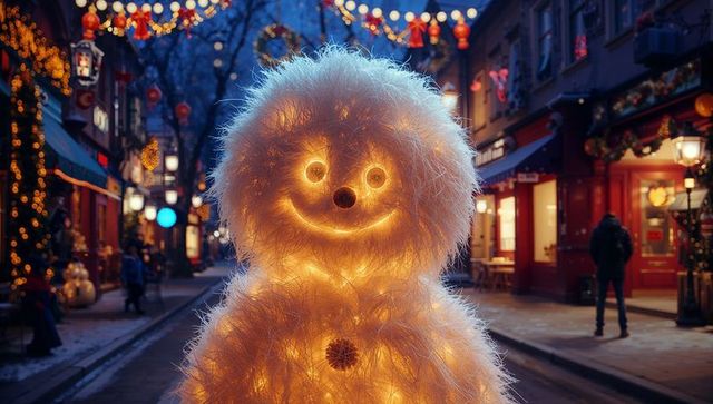 Glowing Festive Snowman at Twilight in Decorated Street