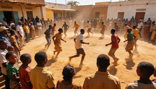 Community circle dance stirring dust in sunlit village courtyard with patterned clothing