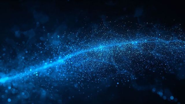 Blue particle stream flowing diagonally with glowing bokeh and neon ribbon
