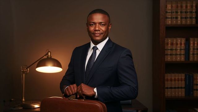 Confident executive standing in navy suit holding leather briefcase in warm library office