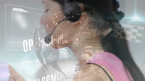 Businesswoman Using Headset with Globe Matrix Overlay