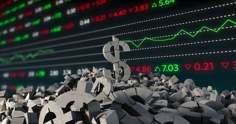 Dollar symbol over riveting stock market display