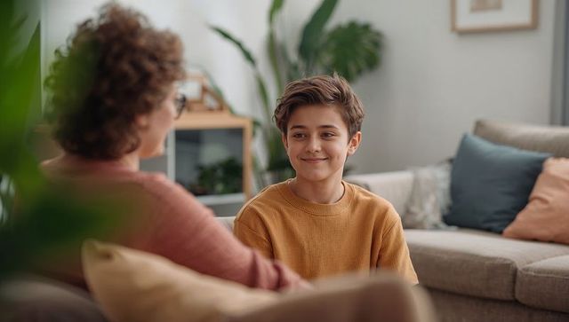Smiling teen boy talking with parent on cozy sofa, warm family conversation at home