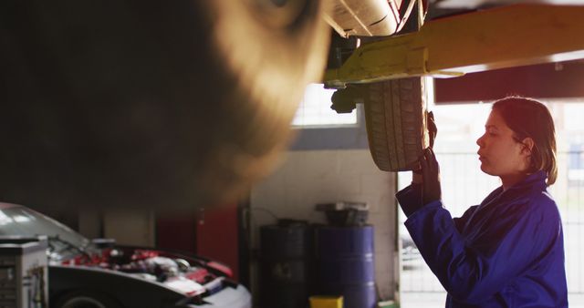 Female mechanic wearing blue uniform inspecting a tire under a vehicle in a car repair garage. Useful for depicting the role of women in automotive repair, the importance of maintenance work, and promoting gender diversity in technical professions. Ideal for articles on automotive repair, advertisements for mechanic services, and educational materials on vocational training.