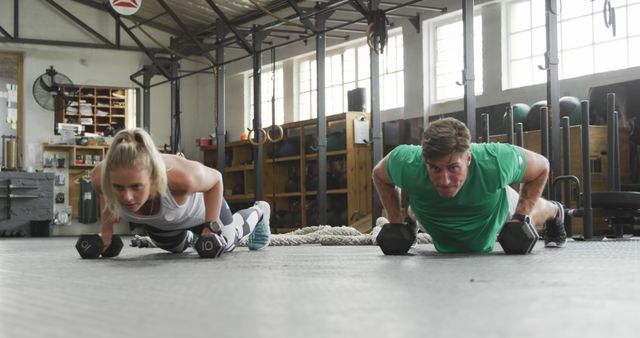 Couple Performing Dumbbell Push-Ups Together at Gym - Download Free Stock Images Pikwizard.com