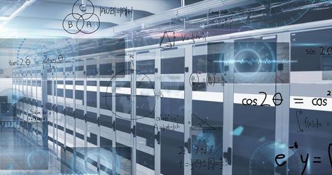 Futuristic Data Center with Mathematical Formulas Highlighting Innovation