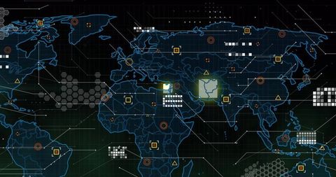 Global cyber control dashboard with neon map, holographic targets and telemetry