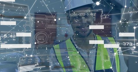 Site worker viewing augmented reality schematics and analytics with hardhat and hivis vest