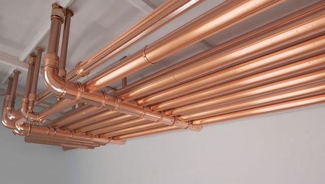 Polished copper pipes running along ceiling with elbow fittings in plant room