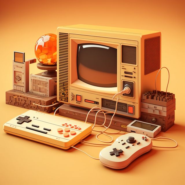 Retro gaming devices displayed with a vintage TV and classic consoles connected. The warm lighting highlights the nostalgic theme, showcasing the evolution of technology in the 80s. Ideal for use in articles or advertisements related to video game history, retro technology collections, and nostalgia-themed decor.