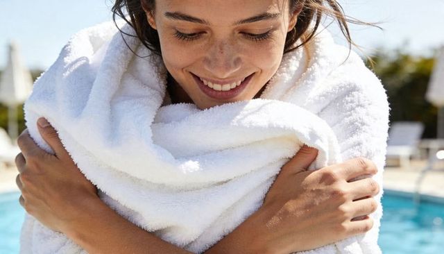 Smiling woman wrapping in plush white towel by sunlit pool, relaxing summer moment