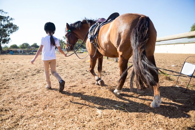 Young girl wearing helmet leading horse at ranch on sunny day. Ideal for use in articles about equestrian activities, children's outdoor hobbies, rural lifestyle, and safety in horseback riding. Suitable for promoting equestrian centers, summer camps, and outdoor recreational activities.