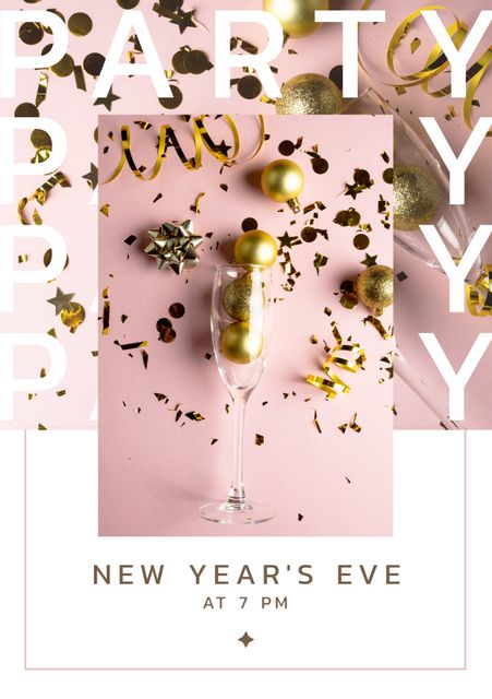 This festive image makes an ideal invitation or flyer for a New Year's Eve celebration. With its elegant gold baubles, streamers, and confetti, it creates a sense of joy and anticipation. Perfect for holiday event promotions, social media announcements, or party decoration ideas.