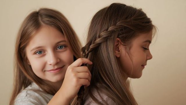 Sisters bonding by braiding hair against soft beige background