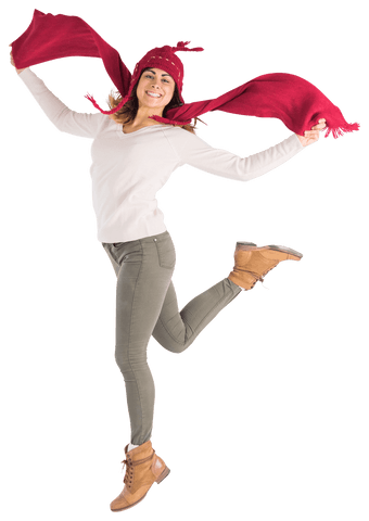 Transparent Cheerful Woman leaping with Vibrant Red Scarf Full of Joy
