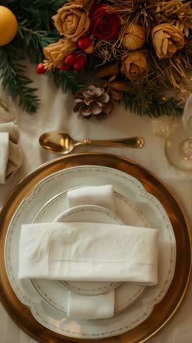 Hands Folding White Napkin on Elegant Gold Charger for Festive Luxury Tabletop Video