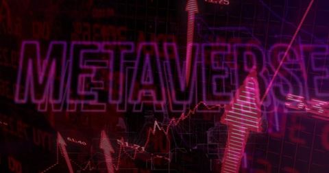 Glowing Metaverse Text with Trading Charts Arrows Rising