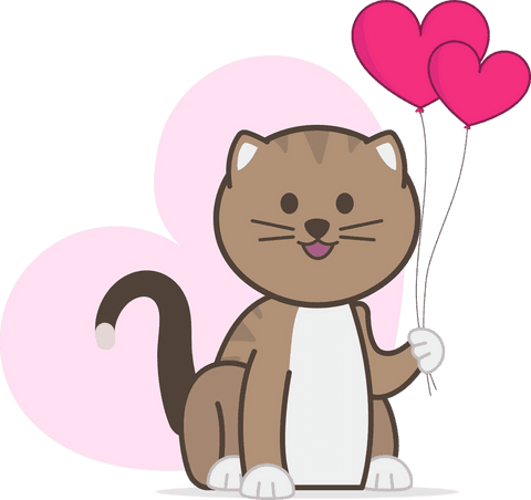 Transparent cat holding heart balloons in whimsical style