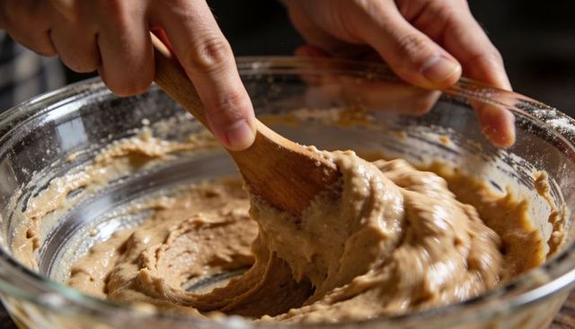 Hands stirring thick peanut butter batter in glass bowl closeup, creamy swirl texture