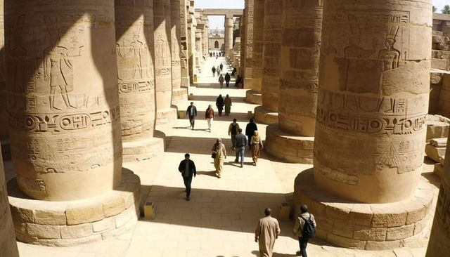 Sunlit ancient egyptian colonnade with carved hieroglyph columns and walking visitors