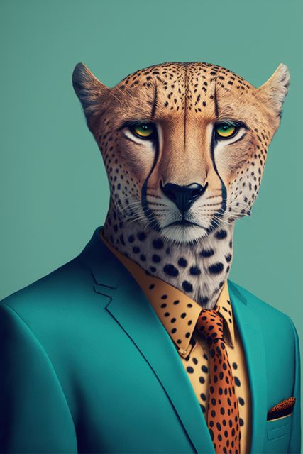 Portrait of cheetah with suit and spotted tie, on green, created using generative ai technology. Nature and style concept, digitally generated image.