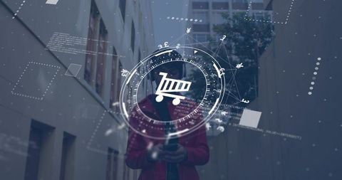 Urban shopper using smartphone with augmented reality shopping cart hud overlay