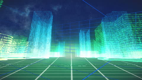 Retro Futuristic Neon Cityscape with Gridlines