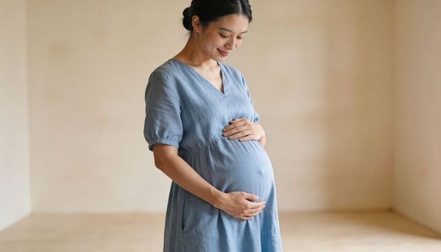 Cradling pregnant asian woman posing in minimal neutral room wearing blue maternity dress