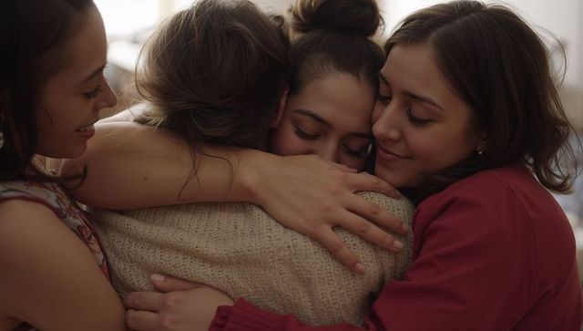 Four women embracing warm group hug at home conveying friendship and comfort
