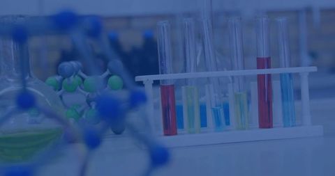 Colored liquids in test tubes with molecular models in laboratory setting