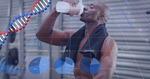 African American Man Resting in Gym with Digital Wellness Data Overlay