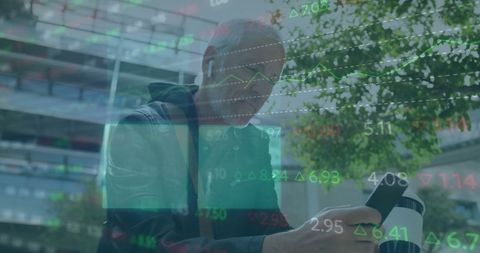 Finance professional analyzing stock data outdoors