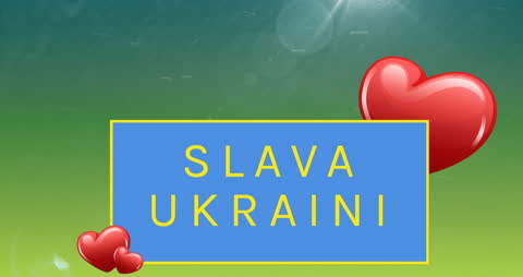 Slava Ukraini Text with Floating Red Hearts on Gradient Background