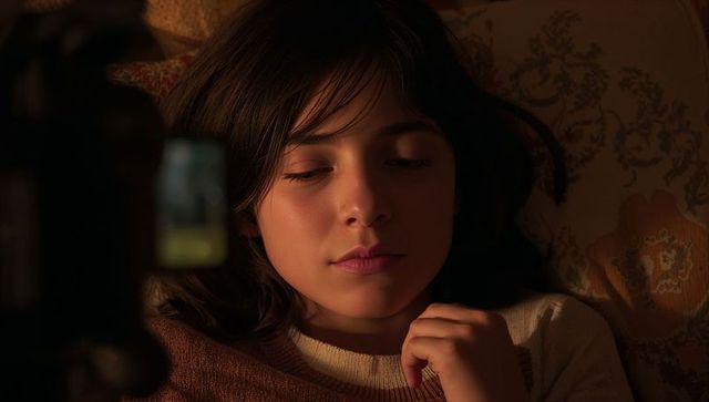 Teen lying calmly on bed wearing brown knit sweater closeup intimate serene portrait soft warm light